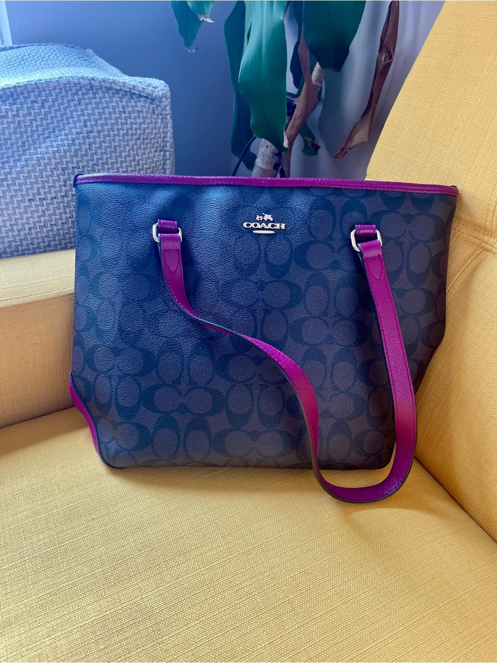 Coach Navy Signature Tote with Fuchsia Trim